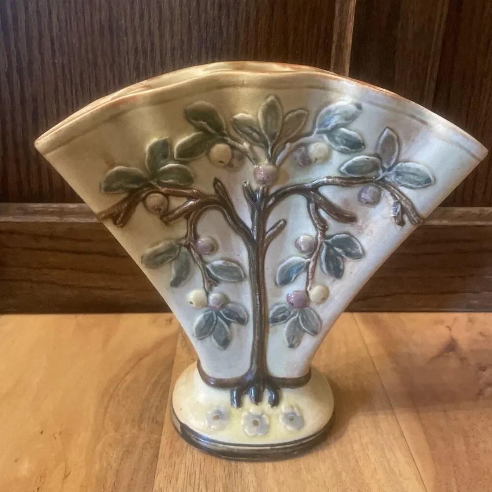 Antique Weller Ware Voile Apple Tree Fan Floral Vase Signed Pottery